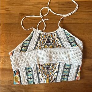 Y2K Halter Top Embroidered Crochet Tribal Pattern Stringy Lined